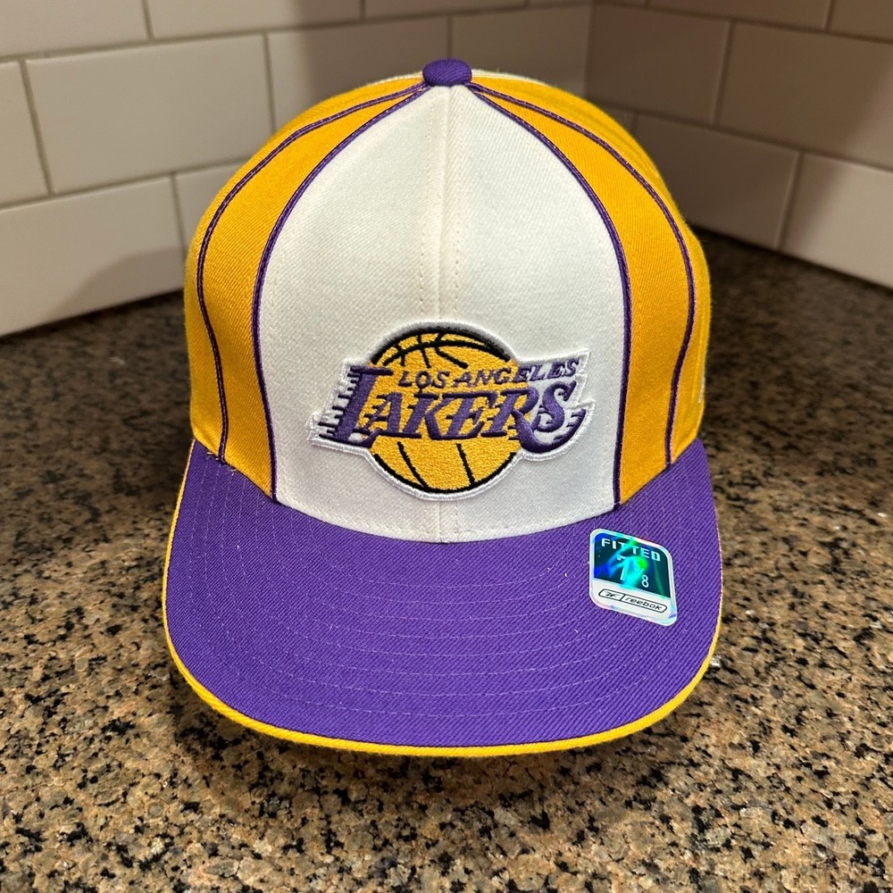 Vtg Los Angeles Lakers Reebok Fitted Hat 7 5/8 Purple Gold NBA Deadstock New